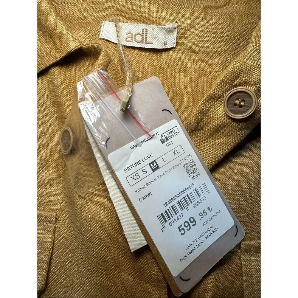 NEW adL womens linen button down midi dress cottage safari natural sz M in camel